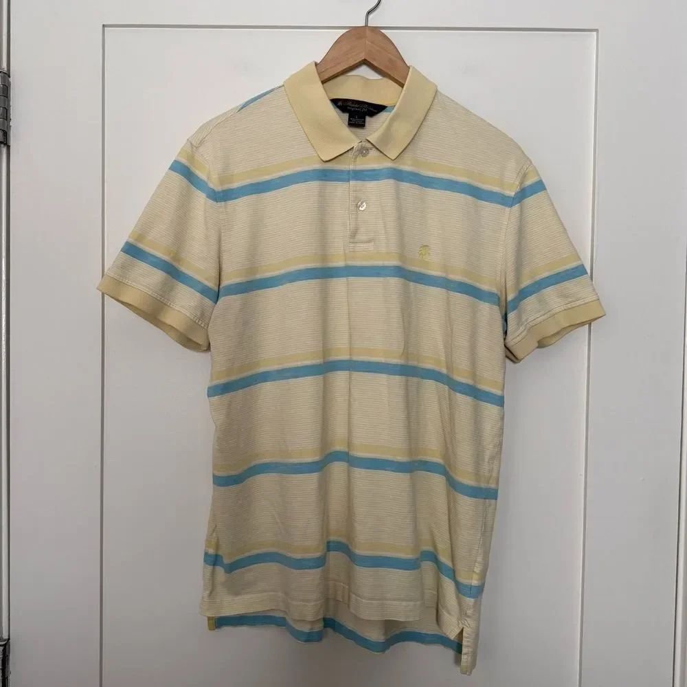 Brooks Brothers Polo Shirt Mens L Yellow Blue Striped Cotton Linen Casual Preppy